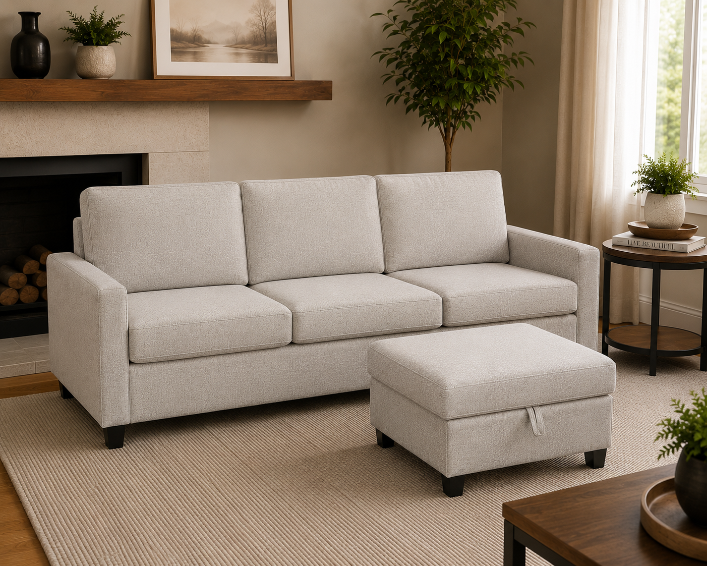 Beige Fabric Sofa with Storage Ottoman (SF005-04-50-N2)