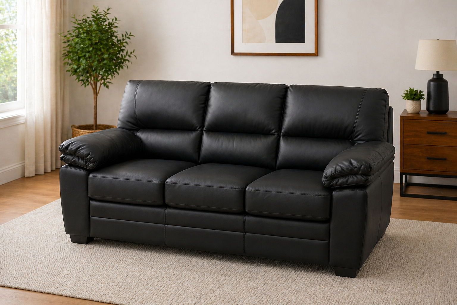Black Leather 3-Seater Couch