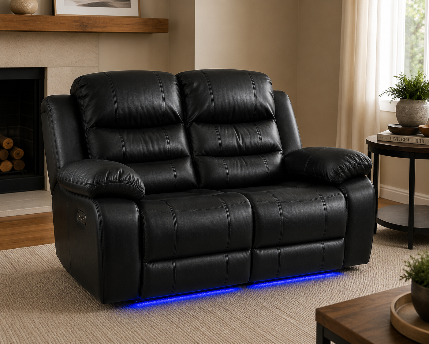 Black Leather Power Reclining Loveseat with LED Underglow