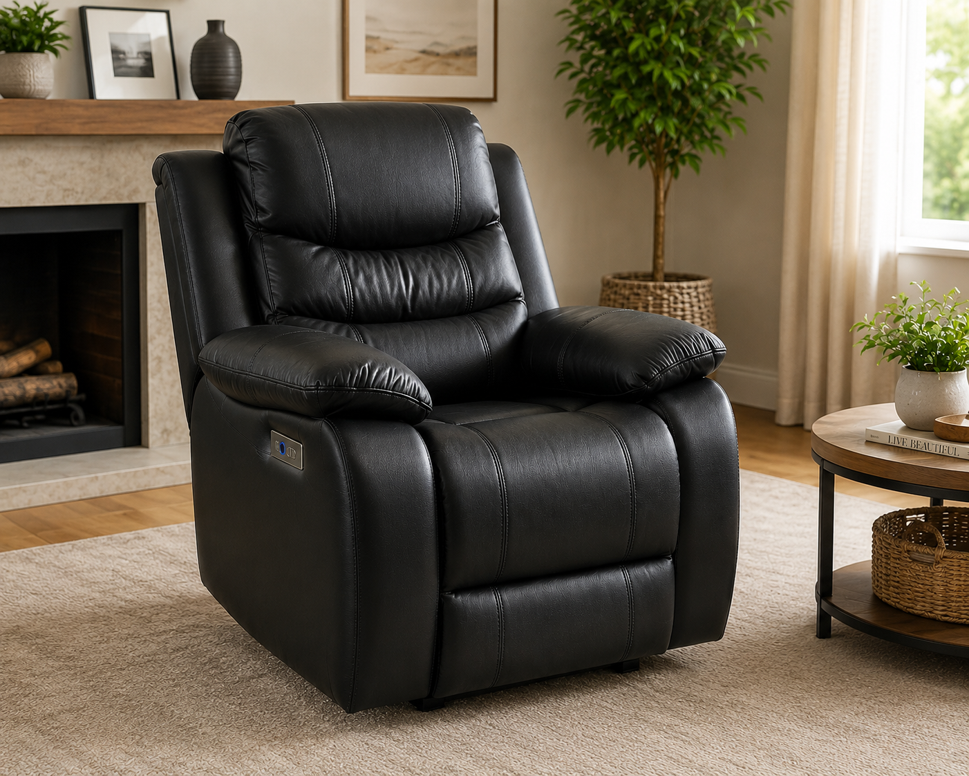 Black Leather Power Recliner with LED Underglow