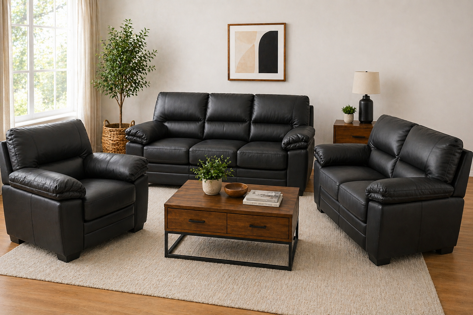 3-Piece Black Leather Set