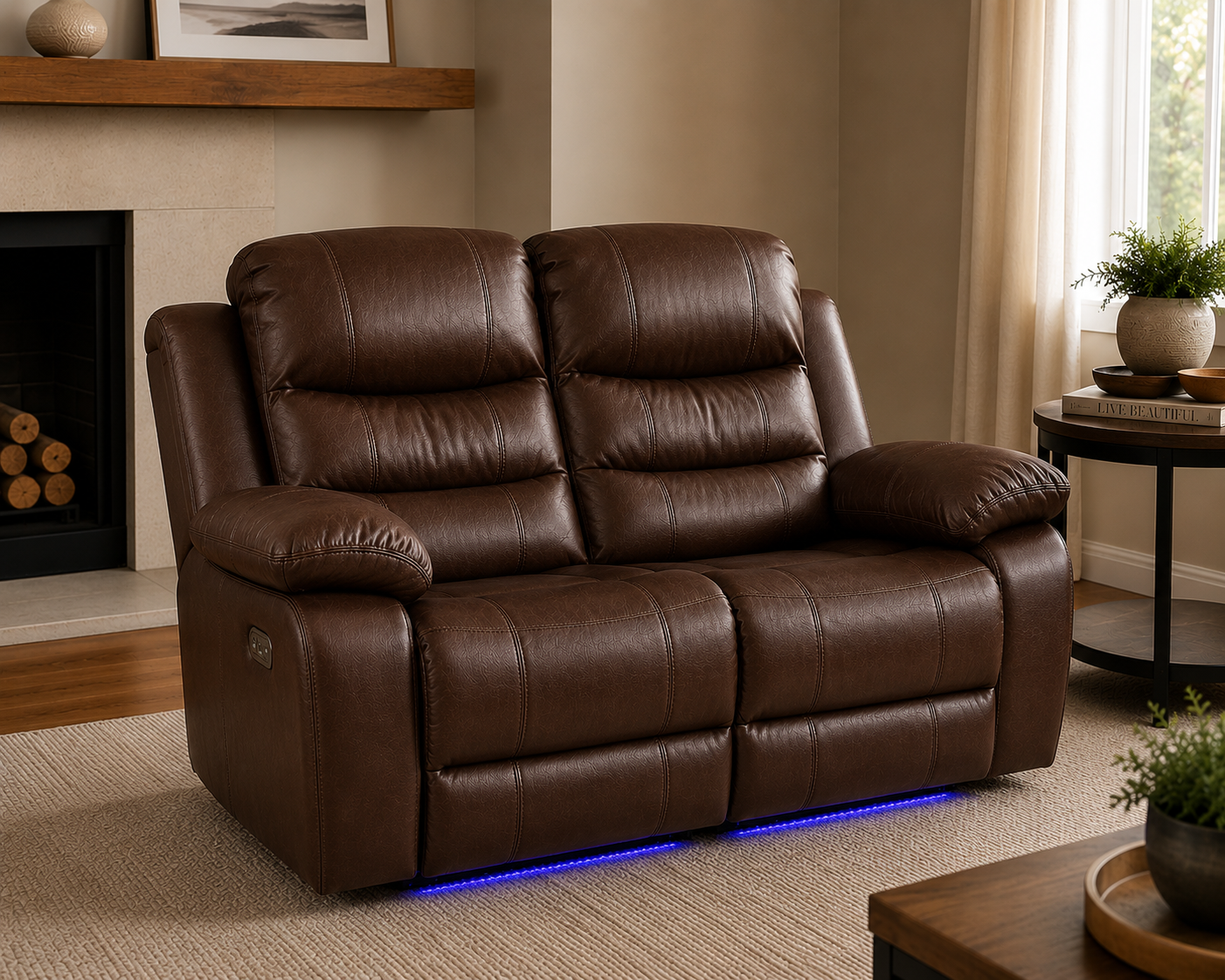 Brown Leather Power Reclining Loveseat with LED Underglow