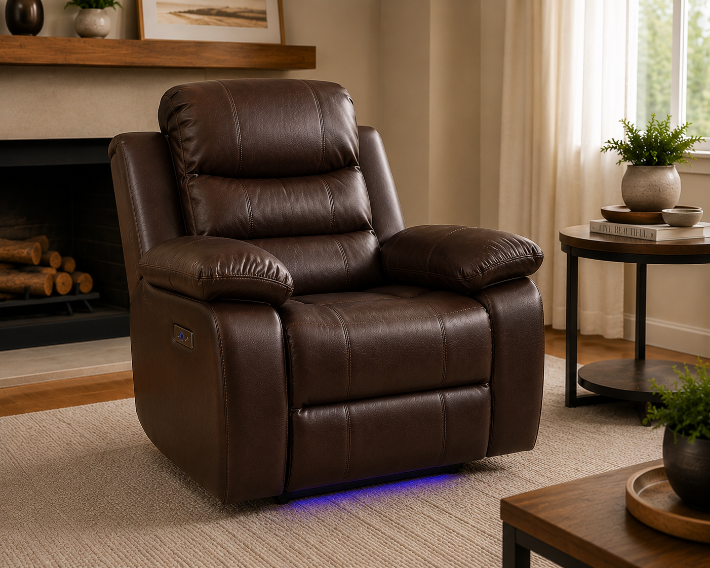 Brown Leather Power Recliner with LED Underglow